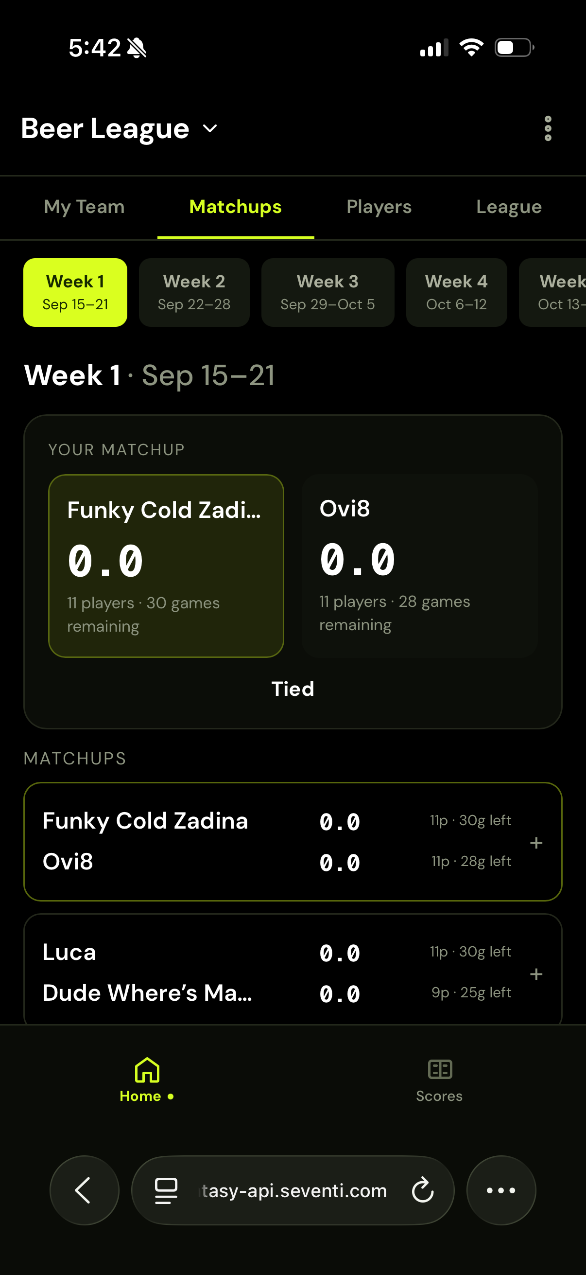 Matchup view in Seventi Fantasy